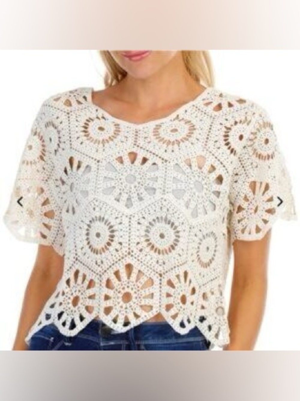Rebellion Again crochet crop short sleeve top size large cotton